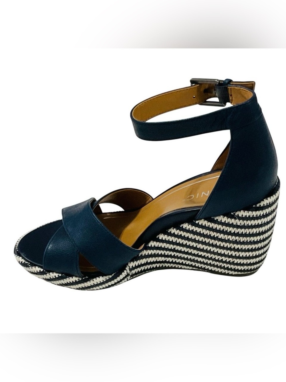 Vionic Marine Navy Leather Crisscross Ankle-Strap Wedges Elegant Sandals Sz 8